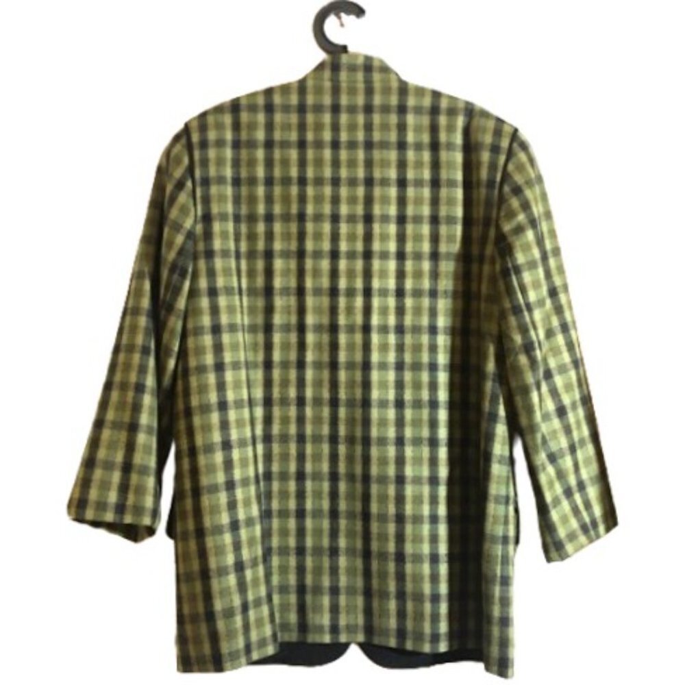 Vintage 90s wool checkered olive green and black blazer jacket, Plus size - Picture 3 of 16